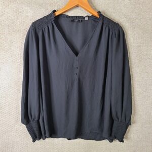 Tahari Shirt Womens 2X Black Long Sleeve Blouse Ruffle Smocked Neck Top Gothic